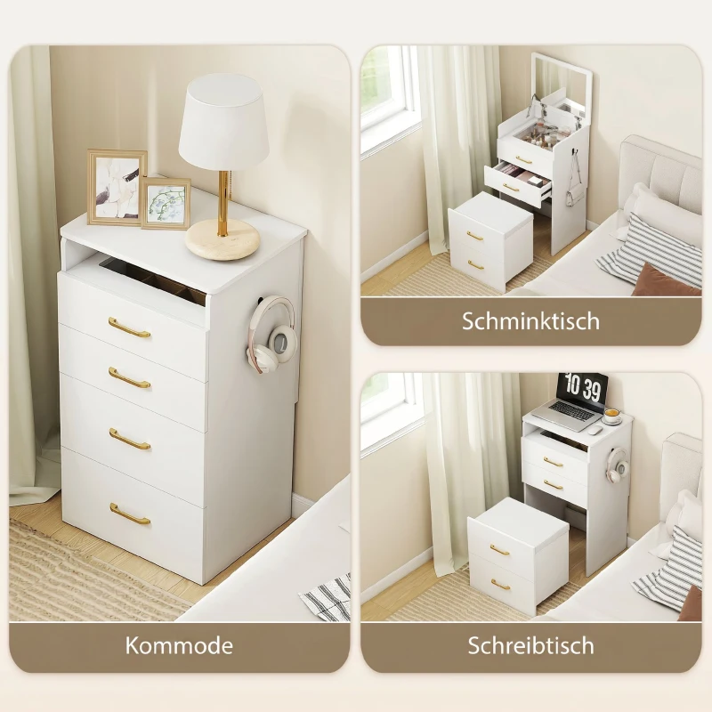 HOMCOM 3-in-1-Schminktisch mit Spiegel, Nachttisch, Rollhocker, Schubladen, Weiß(m-4)