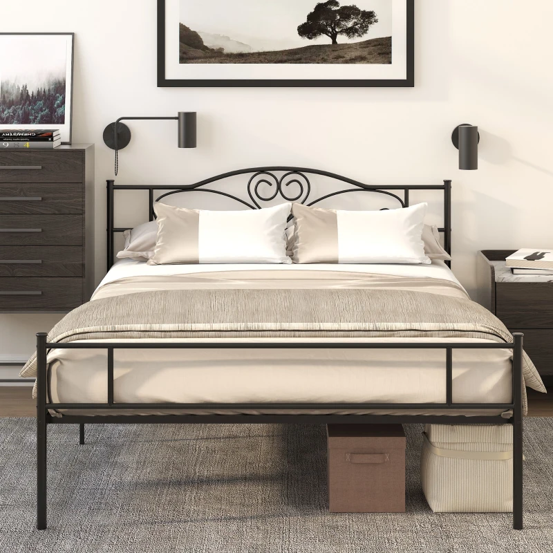 HOMCOM Bettgestell aus Metall mit Kopfteil, 300 kg Belastbarkeit, 145L x 211B x 106H cm, Schwarz