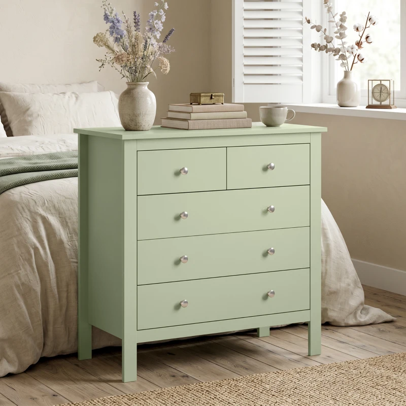 HOMCOM 5 Drawer Chest of Drawers, Modern Dresser for Bedroom, Bedside Storage Cabinet, Wide Storage Unit with Glide Runners for Living Room, Hallway, Closet, 79 x 39.5 x 80.5 cm, Sage Green