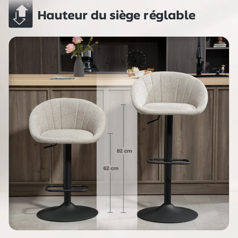 HOMCOM Lot de 2 tabourets de bar, chaises de bar hauteur réglable avec dossier et accoudoirs, repose-pieds, beige