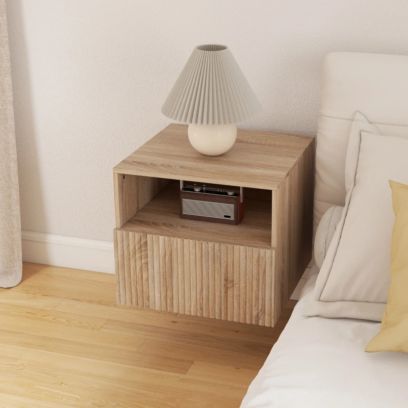 HOMCOM Nachttisch, griffloses Design, offenes Fach, Schublade, Wandmontage, Hellbraun