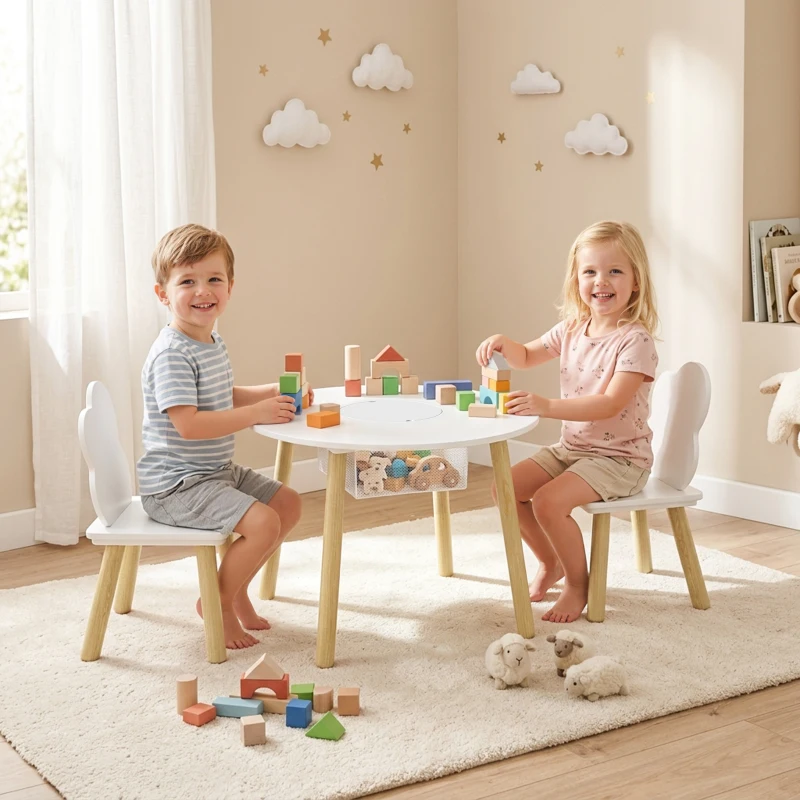 AIYAPLAY Kids Table and Chairs Set with Storage Bag Toddler Table and Chairs Set 3 Piece for Playroom White