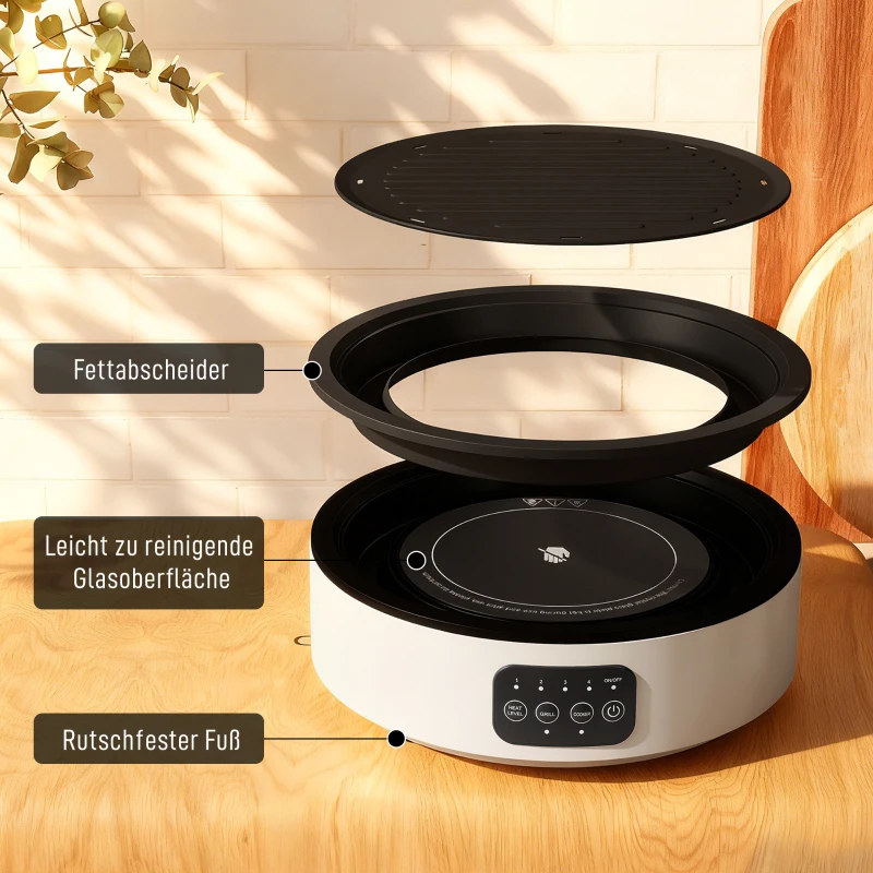 HOMCOM Dual-Keramikkochfeld, 2-in-1 Design, zum Kochen und Grillen, 2000W, 4 Hitzestufen, LED-Display, Fettfangschale, Weiß