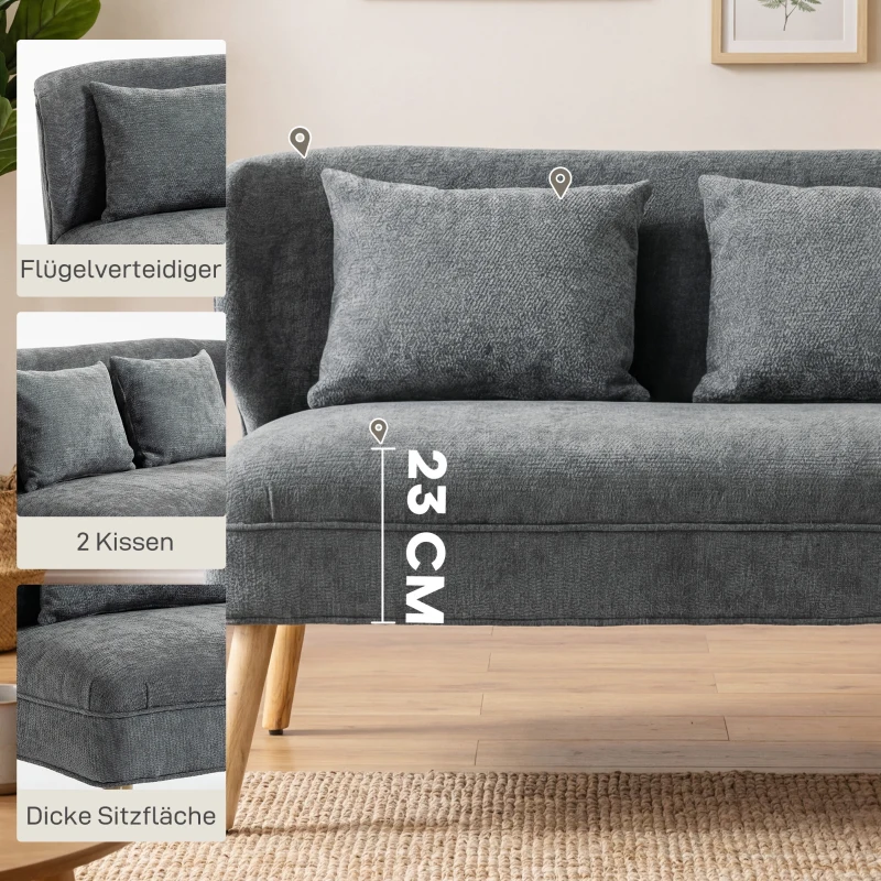 HOMCOM 2-Sitzer-Sofa, kleines Chenille-Sofa mit Flügelrücken, dickem Sitz, Gummibaumholzfüßen, Grau