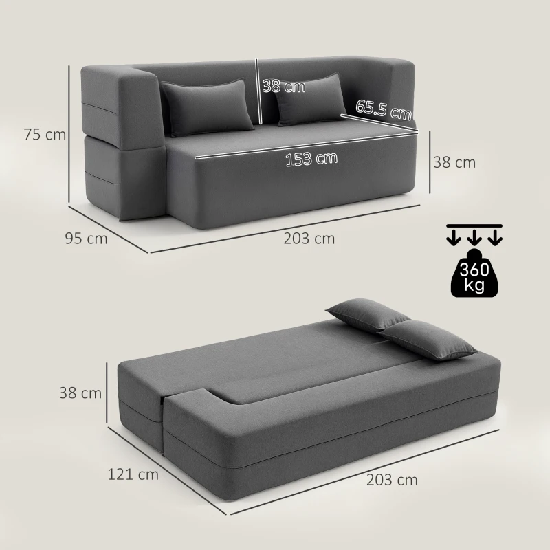 HOMCOM 2-Sitzer-Schlafsofa aus Schaumstoff, Schlafcouch mit breiten Armlehnen, 2 Kissen, 360 kg Belastbarkeit, Grau