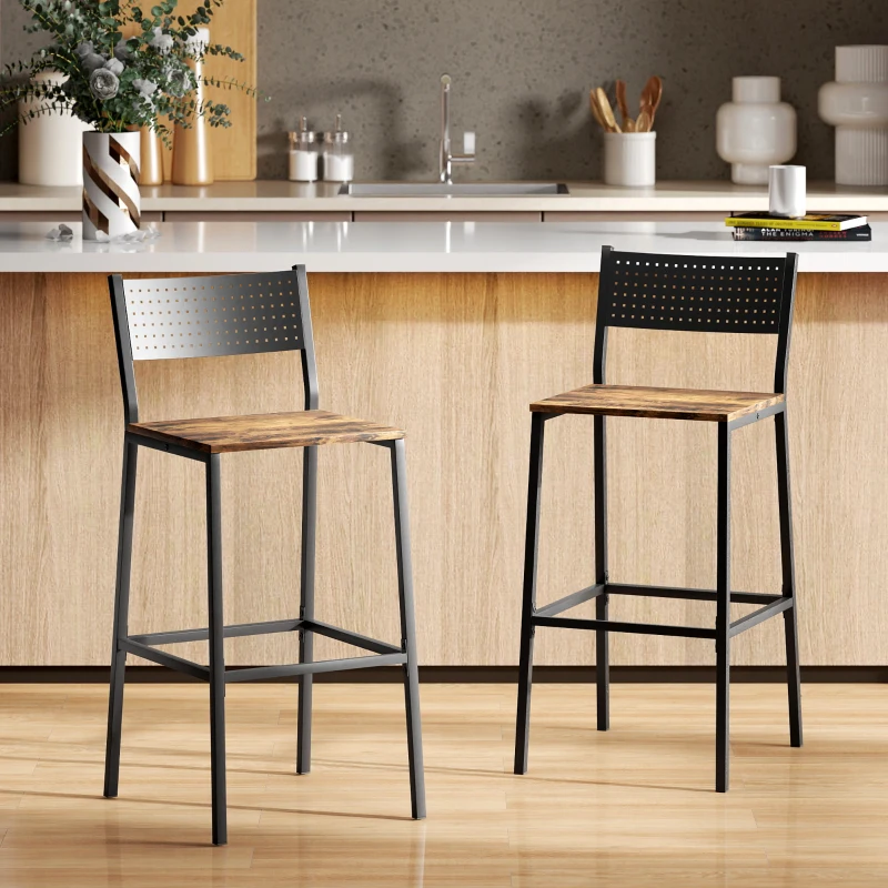HOMCOM Set 2 Sgabelli da Bar con Schienale e Poggiapiedi Integrato in Stile Industriale, Marrone Rustico