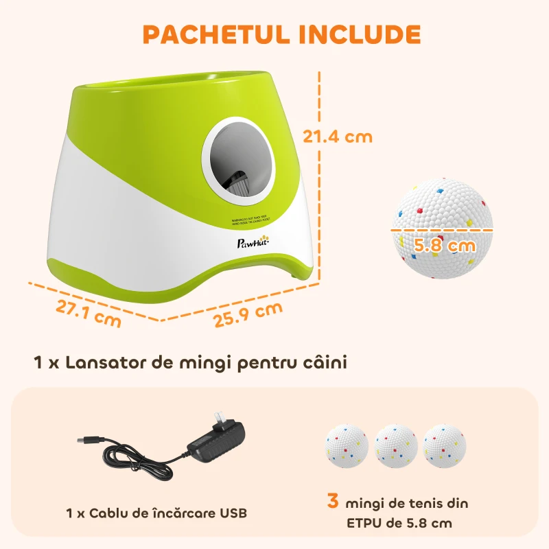 PawHut Lansator Automat de Mingi pentru Câini de Talie Mică și Medie, cu 3 Mingi, 3 Distanțe Reglabile, Verde