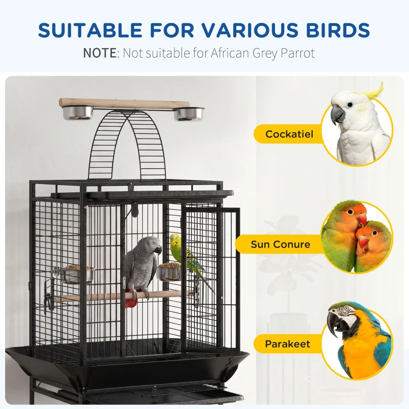 PawHut 156cm Bird Cage,Large Parrot Cage with Open Play Top, Perch, Seed Guard, Wheels, Storage Shelf, Dark Grey