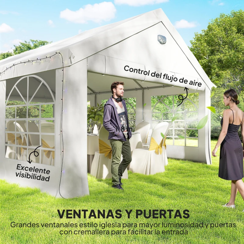 Outsunny Carpa para Fiestas 4x6 m Carpa de Jardín con Luces LED Paredes Extraíbles 2 Puertas y Ventanas UPF30+ para Boda Blanco