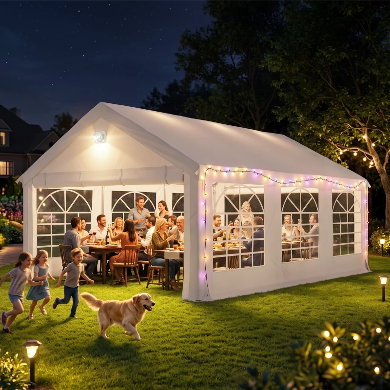 Outsunny Carpa para Fiestas 4x6 m Carpa de Jardín con Luces LED Paredes Extraíbles 2 Puertas y Ventanas UPF30+ para Boda Blanco