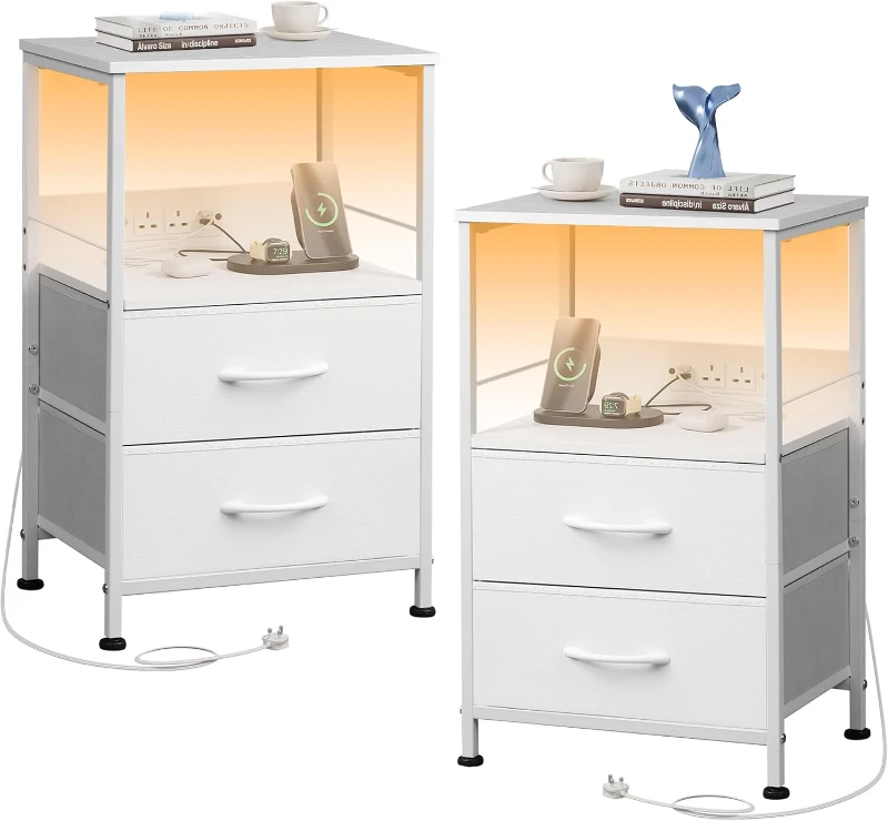 WLIVE Set of 2 White Bedside Tables, Equipped with Drawers, LED Lights and Charging Station, Multi-use Bedside Cabinet for Bedroom, Living Room and Small Spaces
