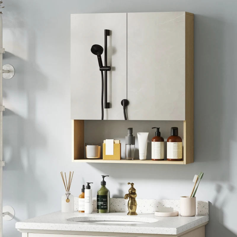 HOMCOM Badezimmerschrank, Spiegeltüren, offenes Regal, Wandmontage, MDF, Spanplatte, Eiche