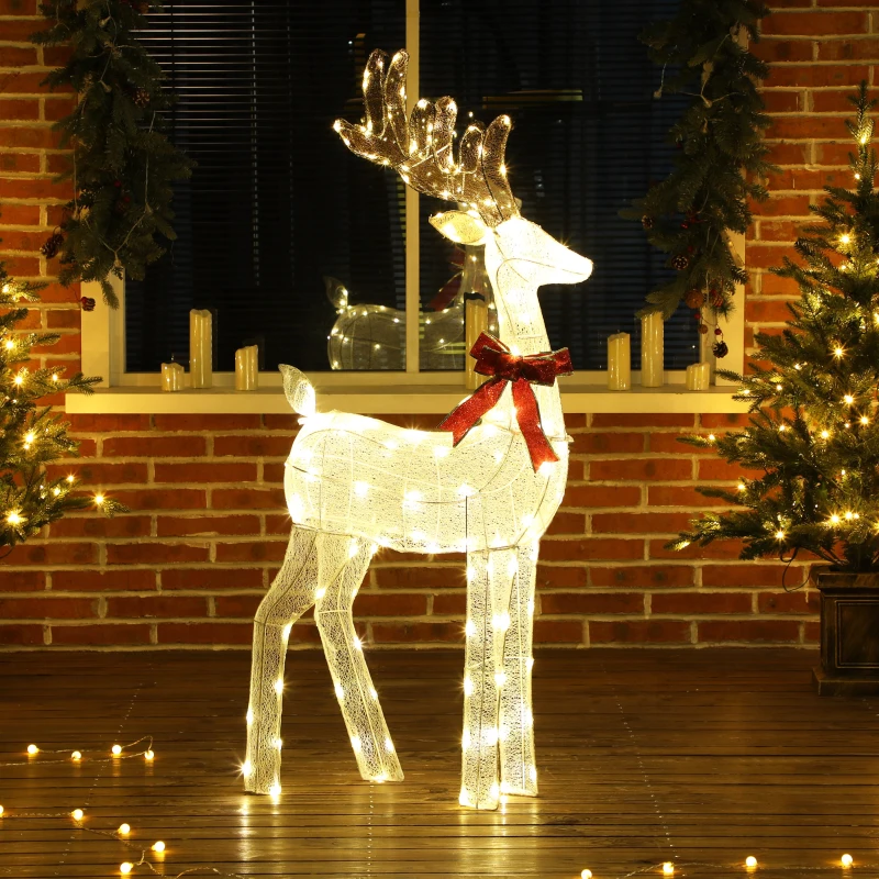 Outsunny Rentier mit roter Schleife, 137 LEDs, Weihnachtsbeleuchtung, wetterfest, 66 x 25 x 135 cm, Silber