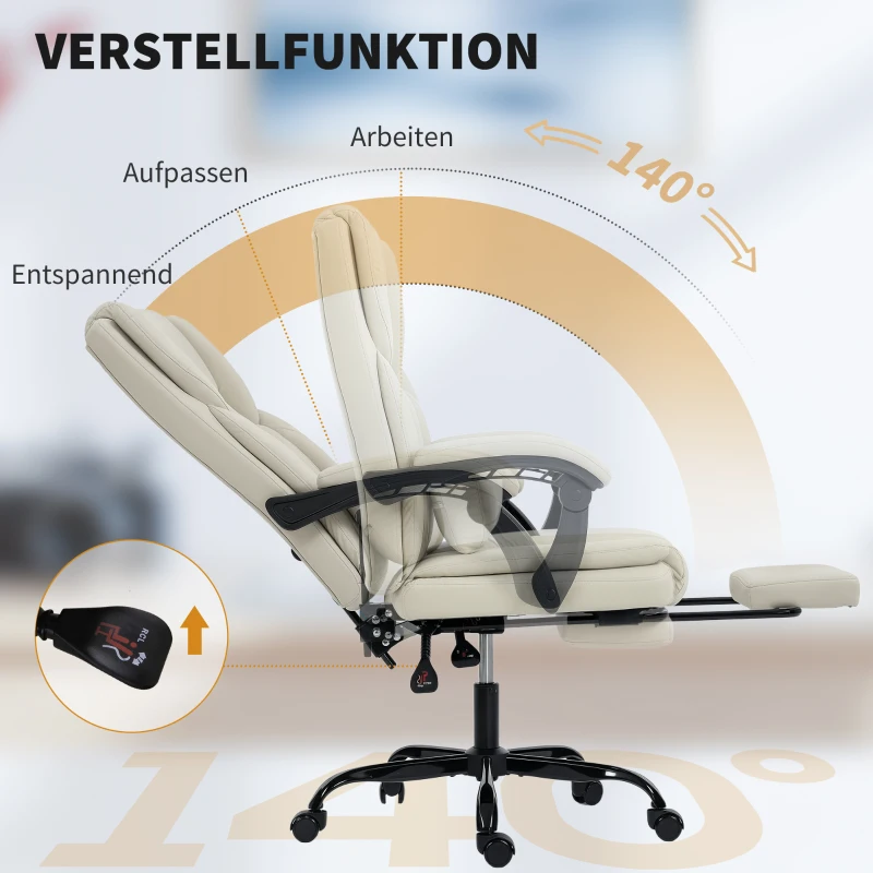 HOMCOM Bürostuhl mit tierfreundlichem Kunstleder-Bezug, Fußstütze, höhenverstellbar, rollbar, Beige