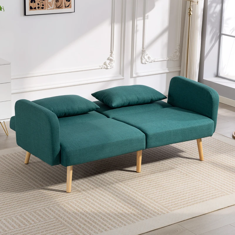 HOMCOM Schlafsofa, 3-Sitzer-Sofa mit Bettfunktion, 2 Kissen, Polstersofa mit verstellbarer Rückenlehne, Leinenoptik, Grün