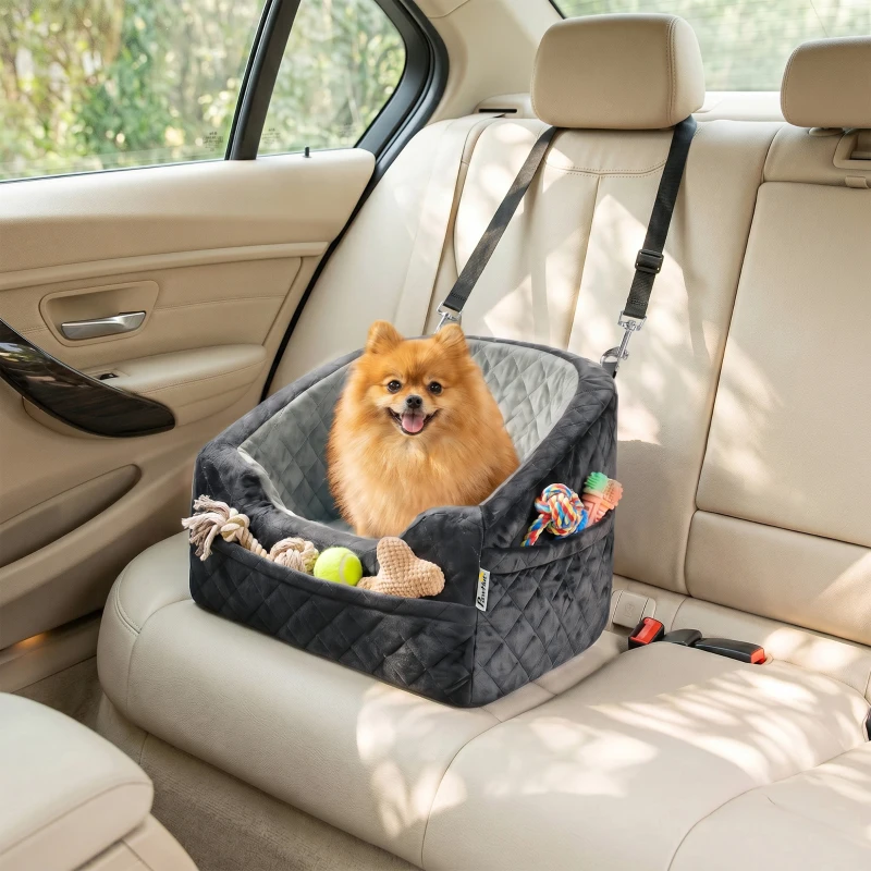 PawHut Dog Car Seat, Detachable Washable Dog Booster Seat with Thick Cushion, Seat Belt, Pockets for Small Under 10kg, Grey