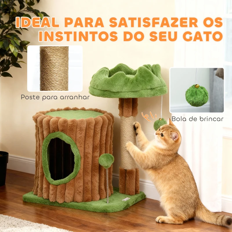PawHut Arranhador para Gatos 53 cm Design de Tronco com Cama Caverna Poste de Juta Bolas Penduradas 40x30x53 cm Castanho e Verde