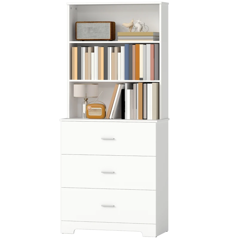 HOMCOM Bücherschrank Hochschrank Vitrinenschrank mit 3 Schubladen, 3 offen Regalen, für Wohnzimmer Küche, 79x39,5x180 cm, Weiß
