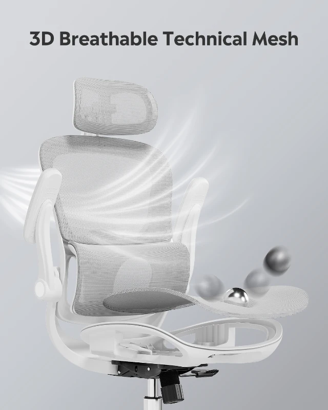 DEVAISE Ergonomic High Back Chair, Breathable Mesh Office Chair Featuring Dynamic Lumbar Support, Adjustable Headrest, 3D Armrests and 360° Swivel Function for Home Office, Grey