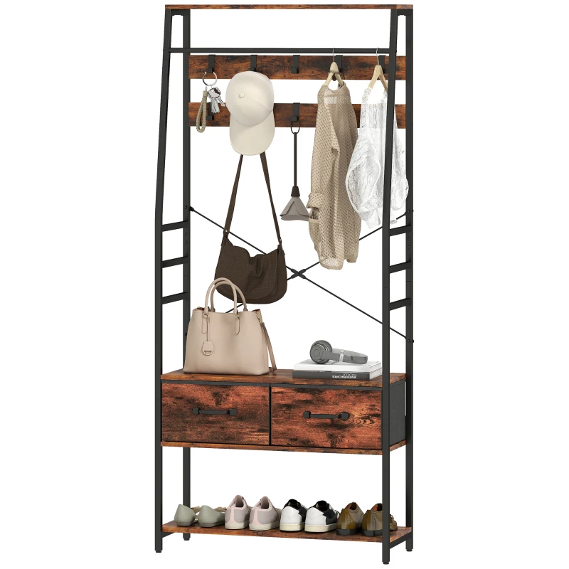 HOMCOM Garderobe mit Schuhregal, Mantelständer mit Sitzbank, 10 Haken, 2 Stoffschubladen, Kleiderstange, Spanplatte, Metall, Braun