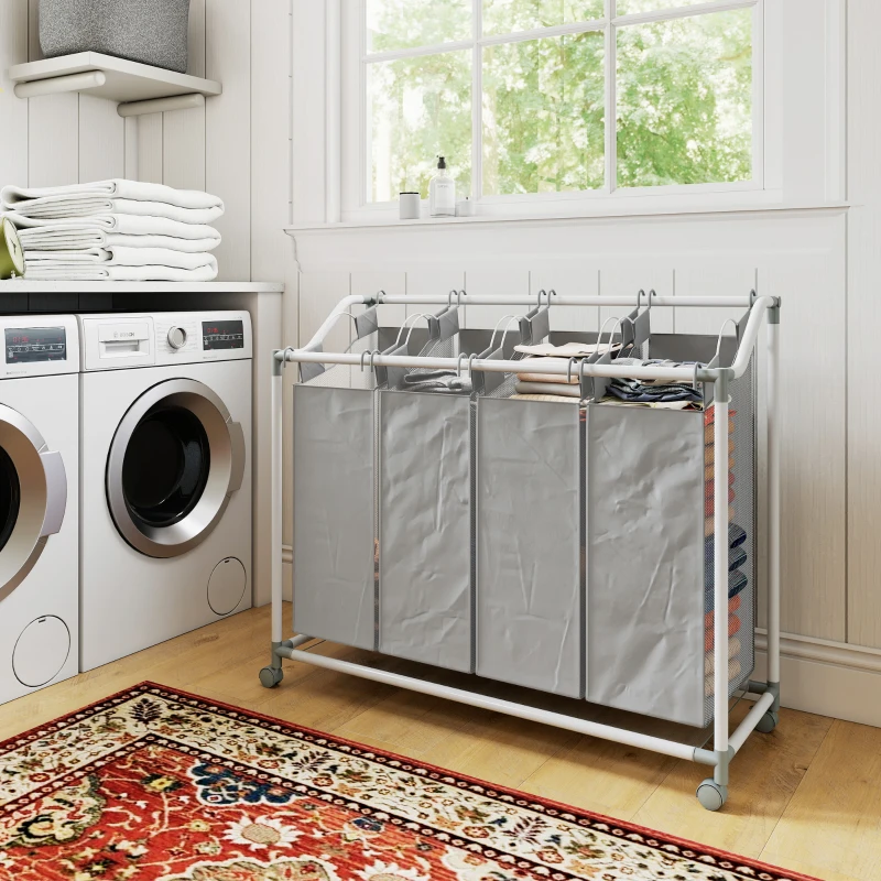HOMCOM Wäschekorb mit 4 Fächer 160 L Wäschesammler mit Rädern, herausnehmbarer Wäschesack, 97 x 38 x 81 cm, Grau