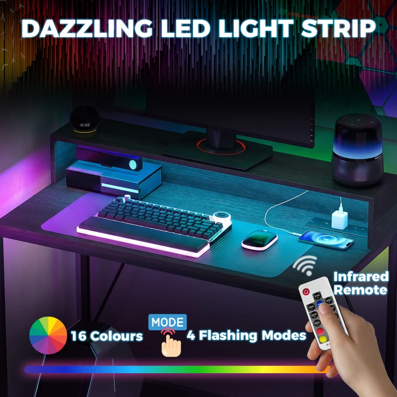 HOMCOM Gaming Desk, 100cm Computer Desk with LED Lights, Power Outlets, Monitor Stand and Remote, Black Wood-Effect
