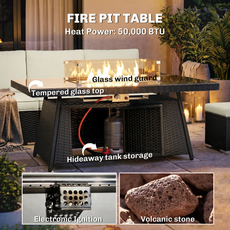 Outsunny 7 Pieces PE Rattan Garden Furniture Set, 50,000 BTU Gas Fire Pit Table, Double Corner Sofa and 3 Footstools
