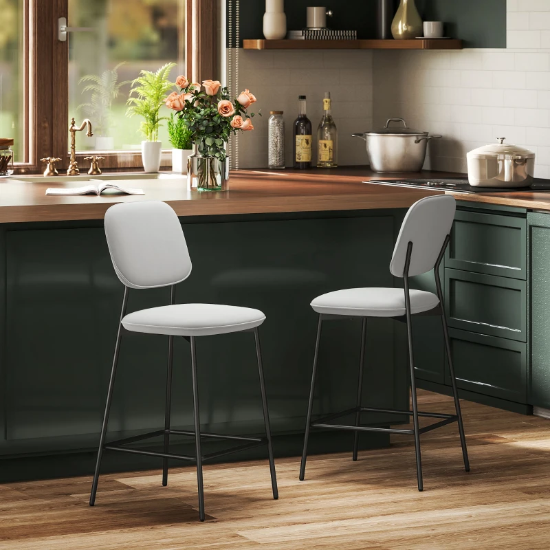 HOMCOM 2er-Set Barhocker, Bistrohocker mit Fußstütze, Samt-Bezug, Stahlbeinen, für Esszimmer, 45 x 49 x 102 cm, Hellgrau