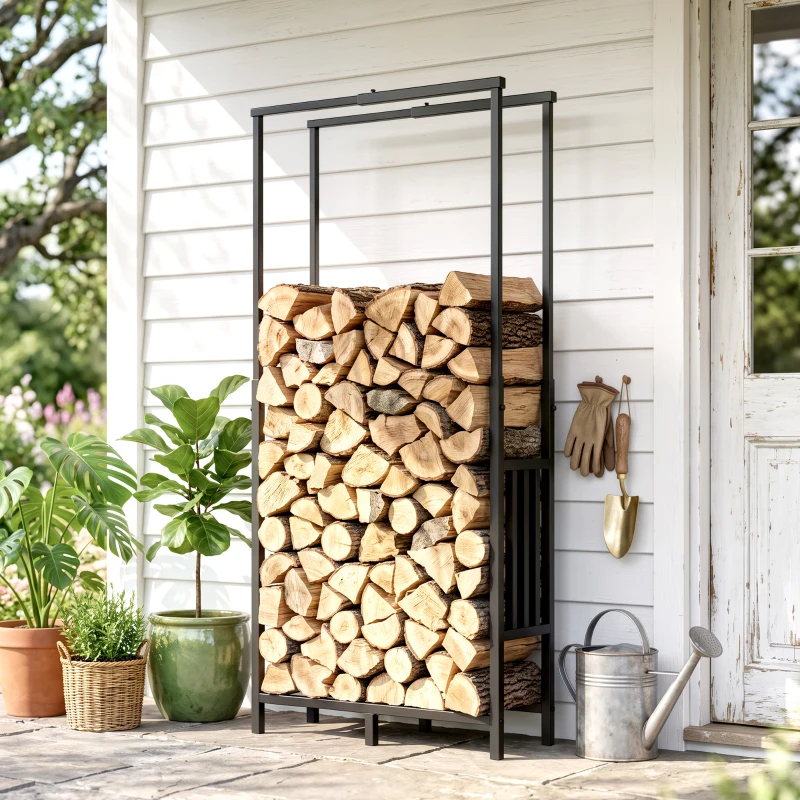 Outsunny Lenheiro Exterior em Aço Resistente para Lenha com Largura e Altura Ajustáveis, Carga 100 kg, 45,5-75,5x25x98-170 cm, Preto