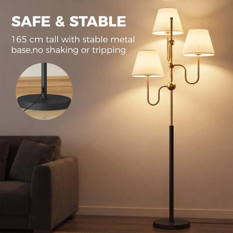 HOMCOM Floor Lamp, 165 cm Tall Standing Lamp with 3 Light and Foot Switch for Living Room, Bedroom, Bedside, Office, E27 Base Without Bulb (40W Max)