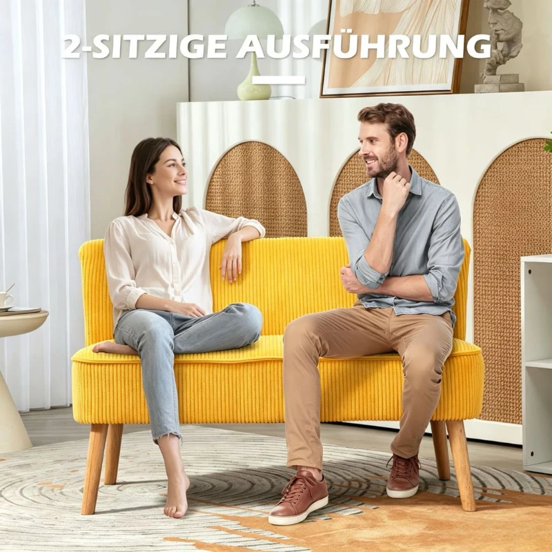 HOMCOM Zweisitzer-Sofa, elegantes Skandi Design, massiver Holzrahmen, bis 150 kg, 117 x 56,5 x 77 cm, Gelb(m-6)