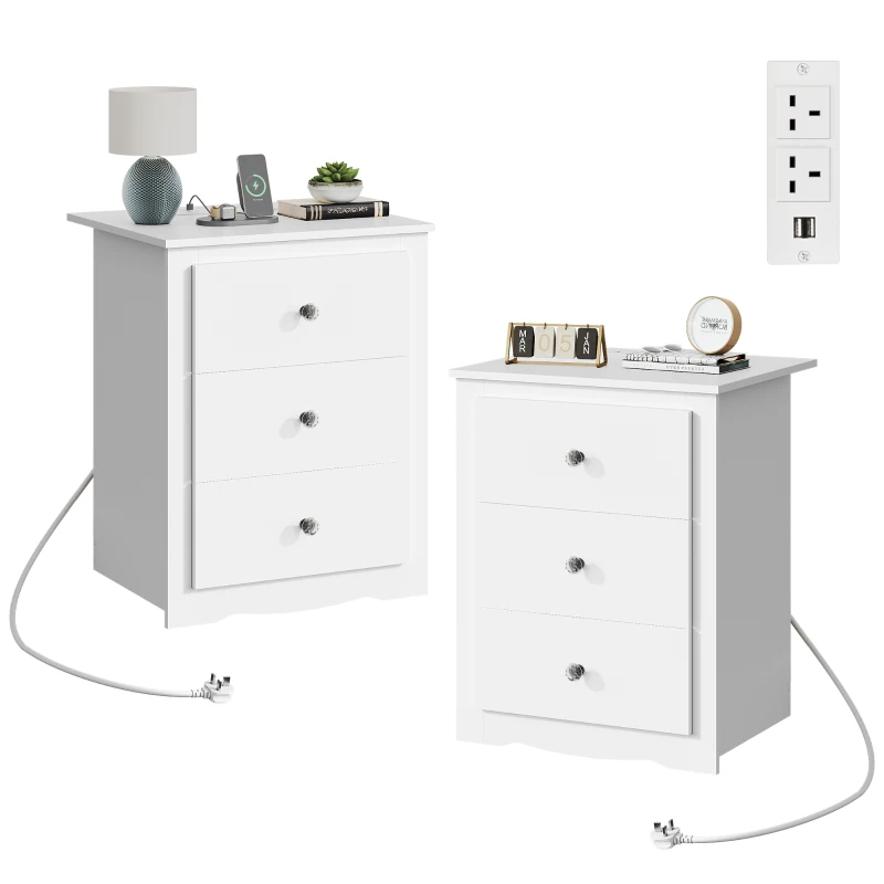 WLIVE 3-Drawer Wooden Bedside Table with Charging Station, USB Ports & Plug Sockets, Nightstand with Storage for Bedroom, Living Room, Office (2, White)