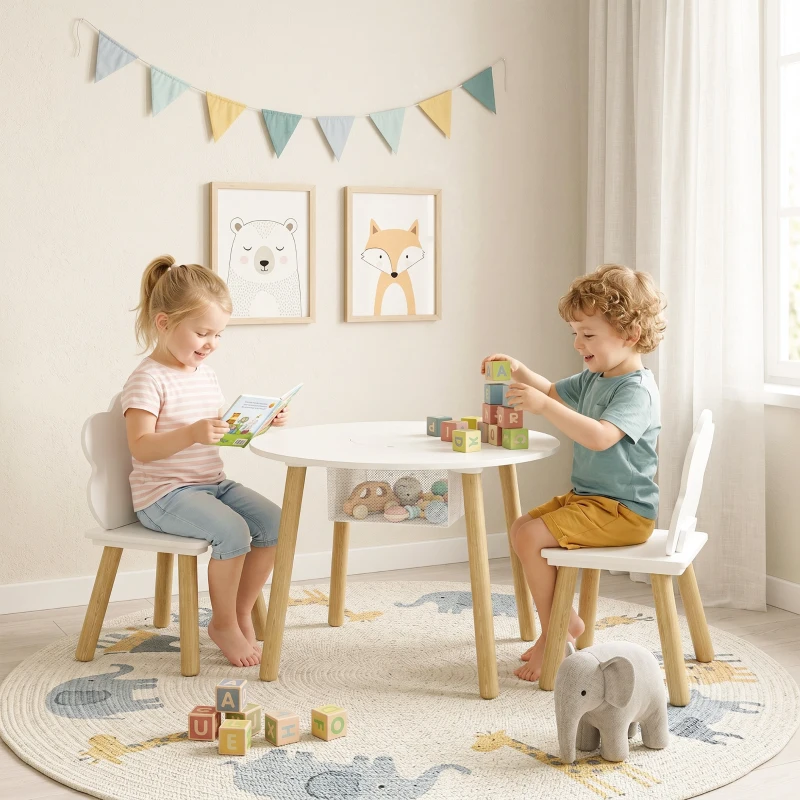 AIYAPLAY Kids Table and Chairs Set with Storage Bag Toddler Table and Chairs Set 3 Piece for Playroom White