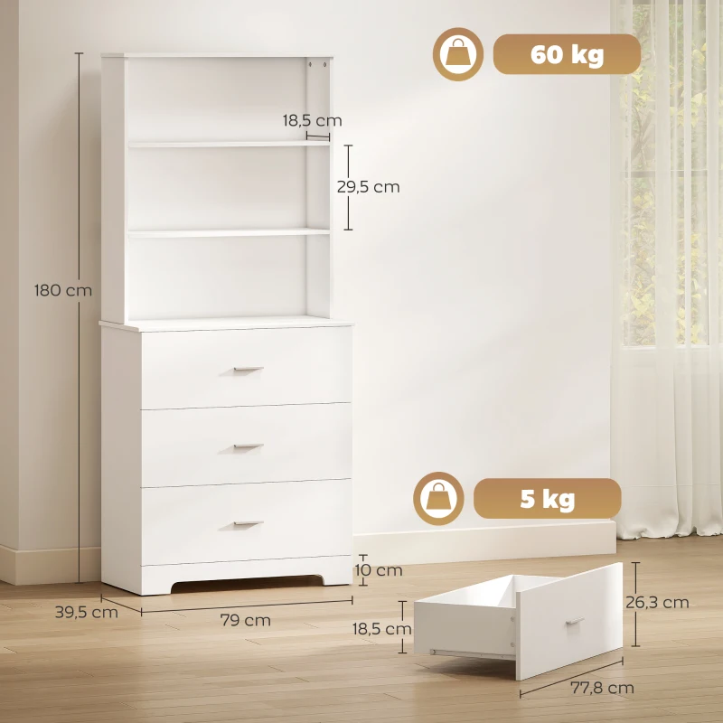 HOMCOM Bücherschrank Hochschrank Vitrinenschrank mit 3 Schubladen, 3 offen Regalen, für Wohnzimmer Küche, 79x39,5x180 cm, Weiß