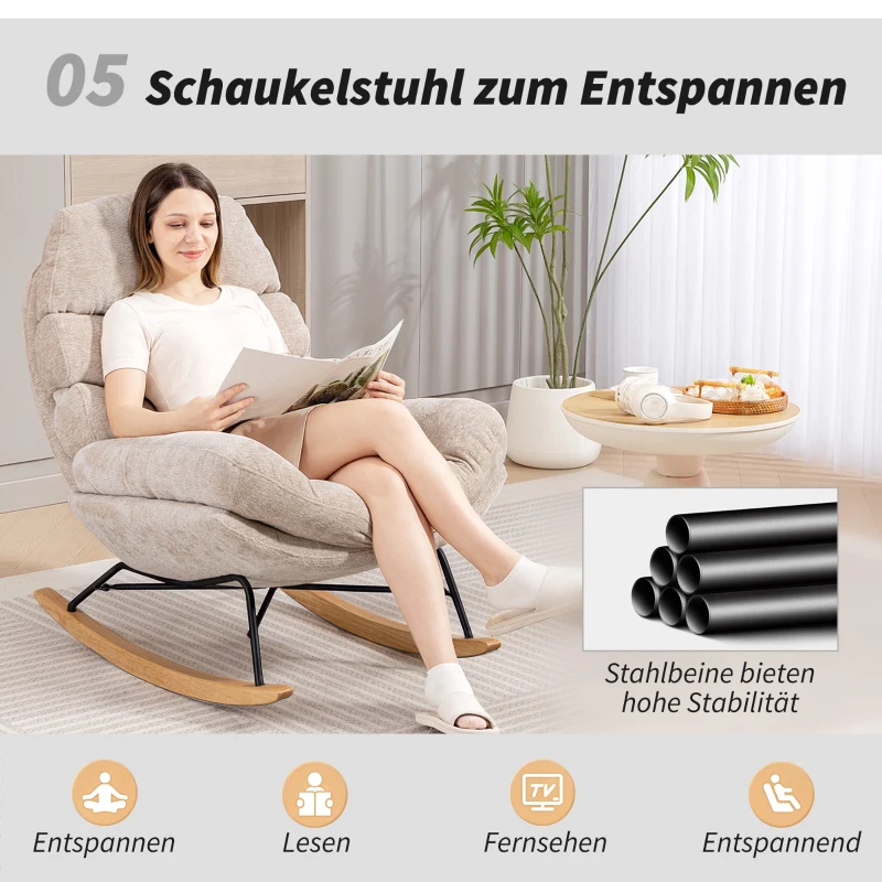 HOMCOM Gepolsterter Schaukelstuhl mit Stahlbeinen und Holzkufen, Cremeweiß