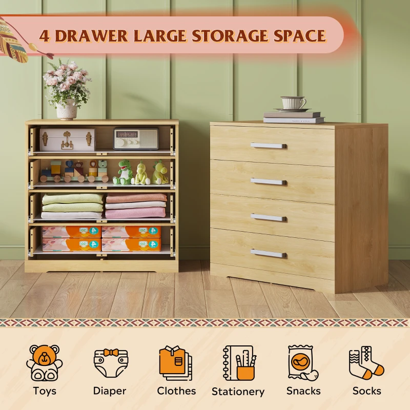 WLIVE Chest of Drawers with 4 Drawers, Metal Handles and Runners, Modern Storage Drawers for Bedroom, Kids Room, Closet, Oak