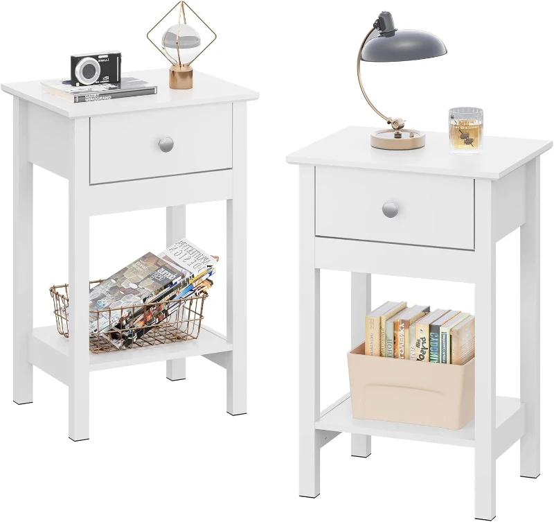 WLIVE Wooden Bedside Table, Nightstand with Shelf Drawer, Wooden Side Sofa Tables, for Small Spaces, End Tables for Living Room, Bedroom (2, White)