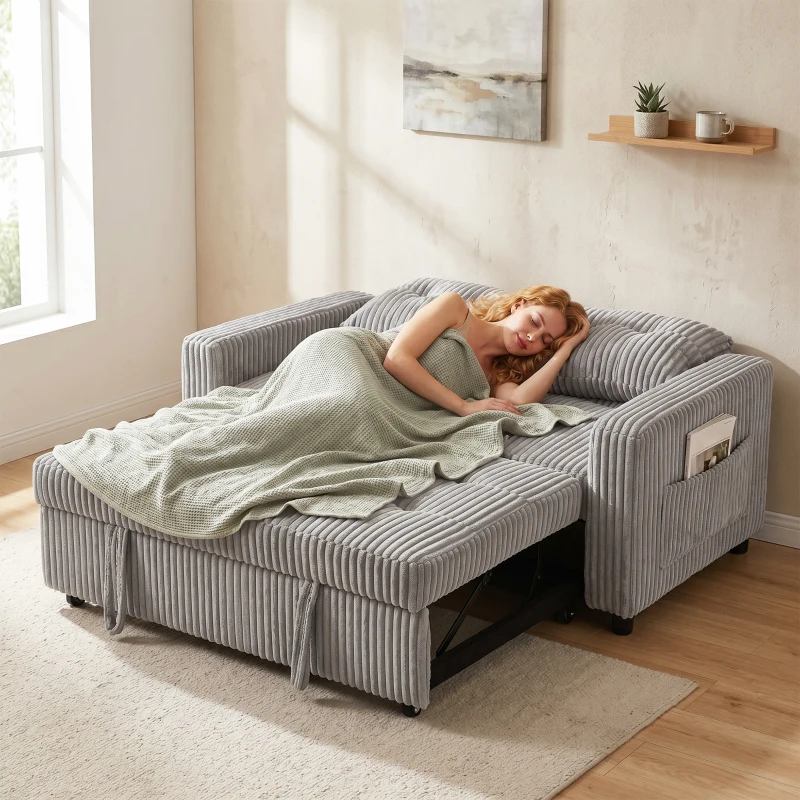 HOMCOM 2-Sitzer Sofabett, Cordbezug, zum Schlafsofa umwandelbar, 2 Kissen, Seitentaschen, 157 x 190 cm, Hellgrau