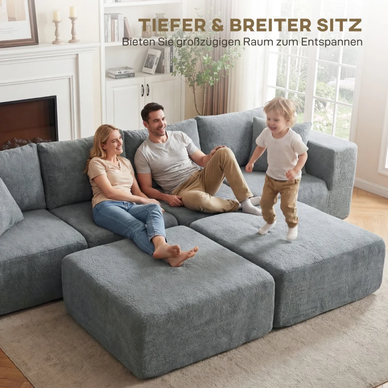 HOMCOM Modulares Ecksofa, U-Form Sofa mit breitem und tiefem Sitz, 2 Hocker, dunkelgrau