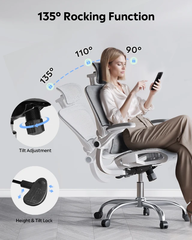 DEVAISE Ergonomic High Back Chair, Breathable Mesh Office Chair Featuring Dynamic Lumbar Support, Adjustable Headrest, 3D Armrests and 360° Swivel Function for Home Office, Grey