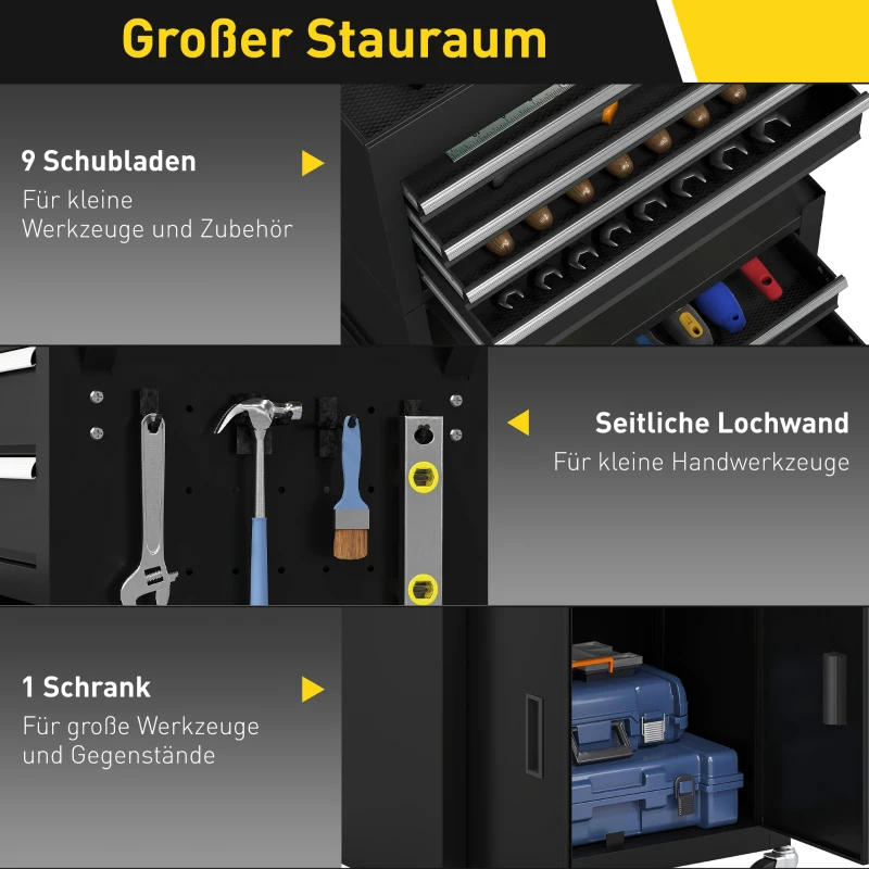 HOMCOM 3-in-1 Werkzeugkiste, Werkzeugschrank mit 4 Rädern, verschließbarer Werkzeugkasten mit 9 Schubladen, Stahl, Schwarz