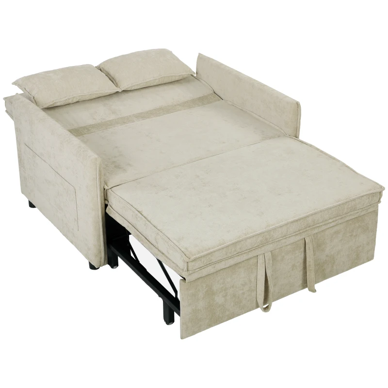 HOMCOM Canapea extensibilă 2 locuri, Canapea-pat 3 în 1 din chenille 125 cm cu spătar reglabil, șezut lat, 2 perne, Crem