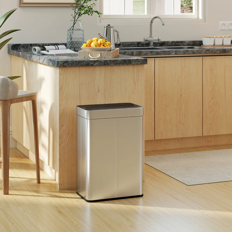 HOMCOM Sensor-Mülleimer, 55 L Kapazität, Schmetterlingsdeckel, öffnet automatisch, Edelstahl, Silberfarben