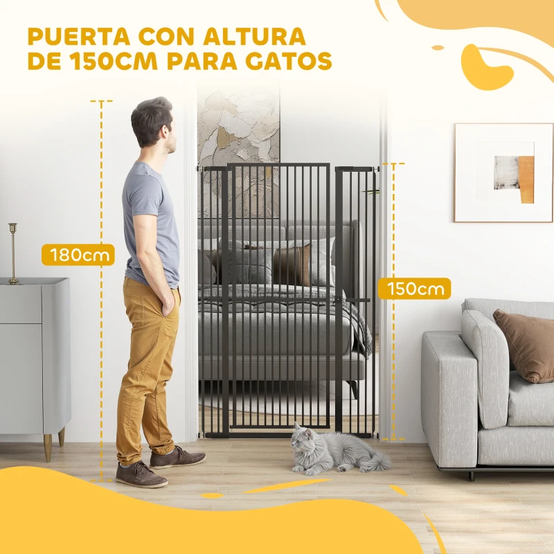 PawHut Barrera para Perros Extra Alta con Ancho Ajustable 77-104 cm Puerta para Perros con Extensiones y Puerta de Paso Negro