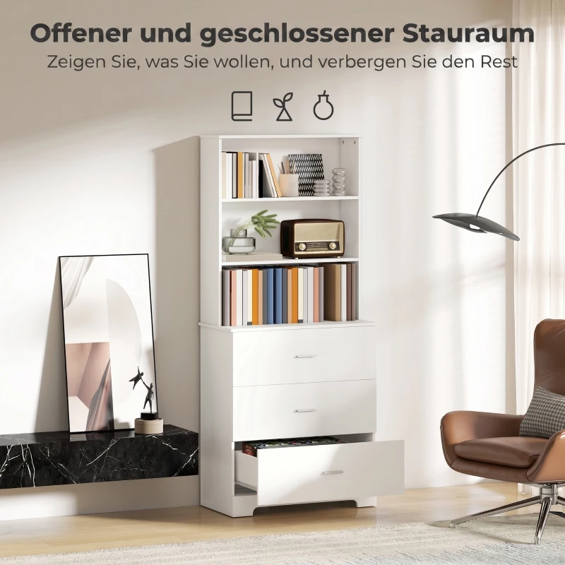 HOMCOM Bücherschrank Hochschrank Vitrinenschrank mit 3 Schubladen, 3 offen Regalen, für Wohnzimmer Küche, 79x39,5x180 cm, Weiß