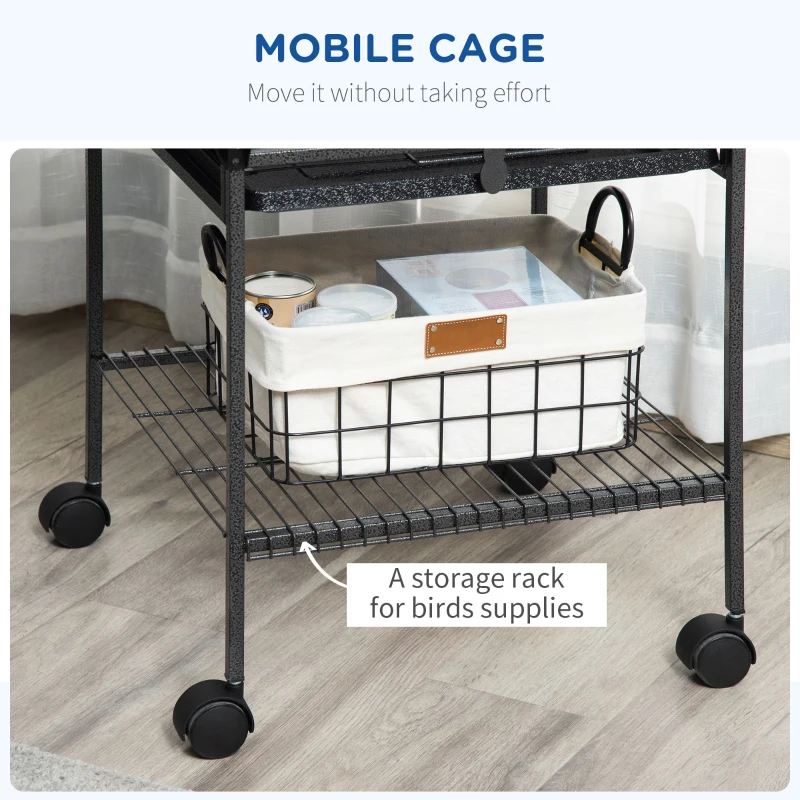 PawHut 156cm Bird Cage,Large Parrot Cage with Open Play Top, Perch, Seed Guard, Wheels, Storage Shelf, Dark Grey
