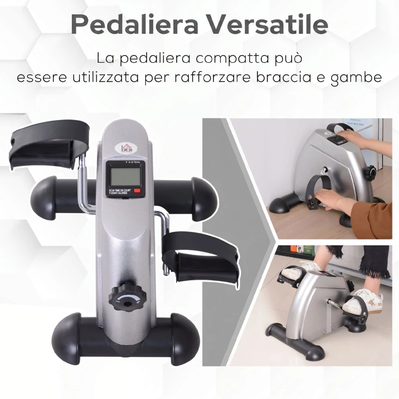 HOMCOM Mini Cyclette Portatile per Gambe e Braccia, Pedaliera per Riabilitazione con Display LCD, Argento
