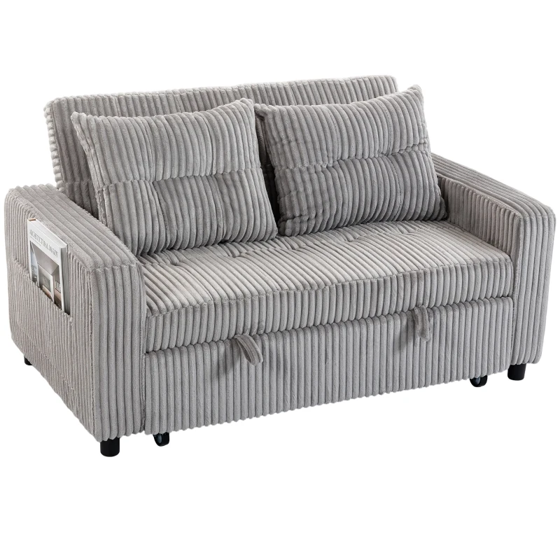 HOMCOM 2-Sitzer Sofabett, Cordbezug, zum Schlafsofa umwandelbar, 2 Kissen, Seitentaschen, 157 x 190 cm, Hellgrau