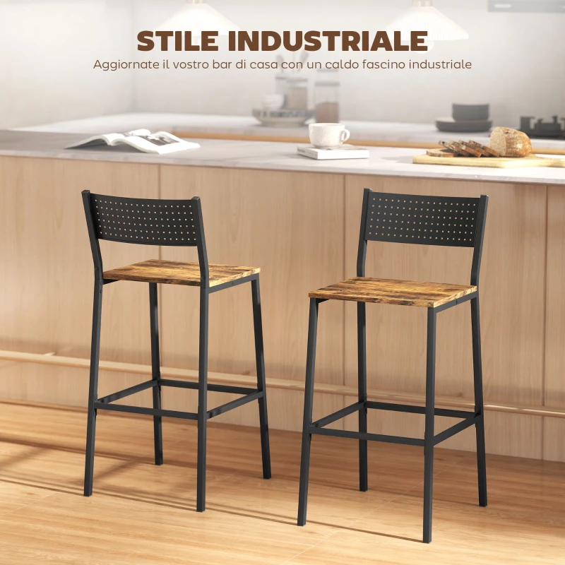 HOMCOM Set 2 Sgabelli da Bar con Schienale e Poggiapiedi Integrato in Stile Industriale, Marrone Rustico