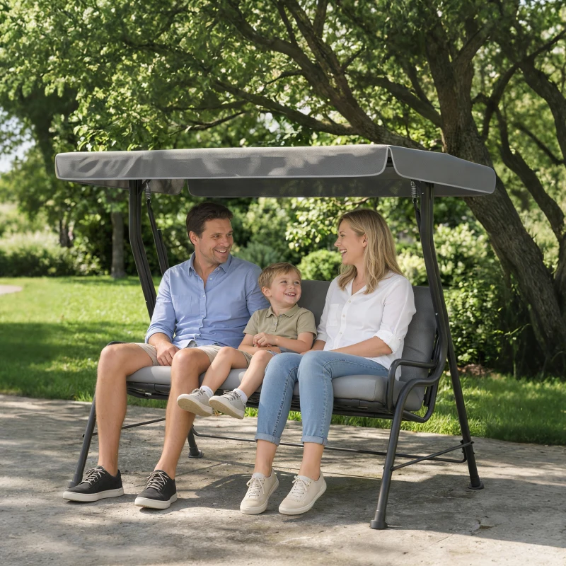 Outsunny 3-Seater Garden Swing Seat, Outdoor Swing Chair with Adjustable Waterproof Canopy, Light Grey